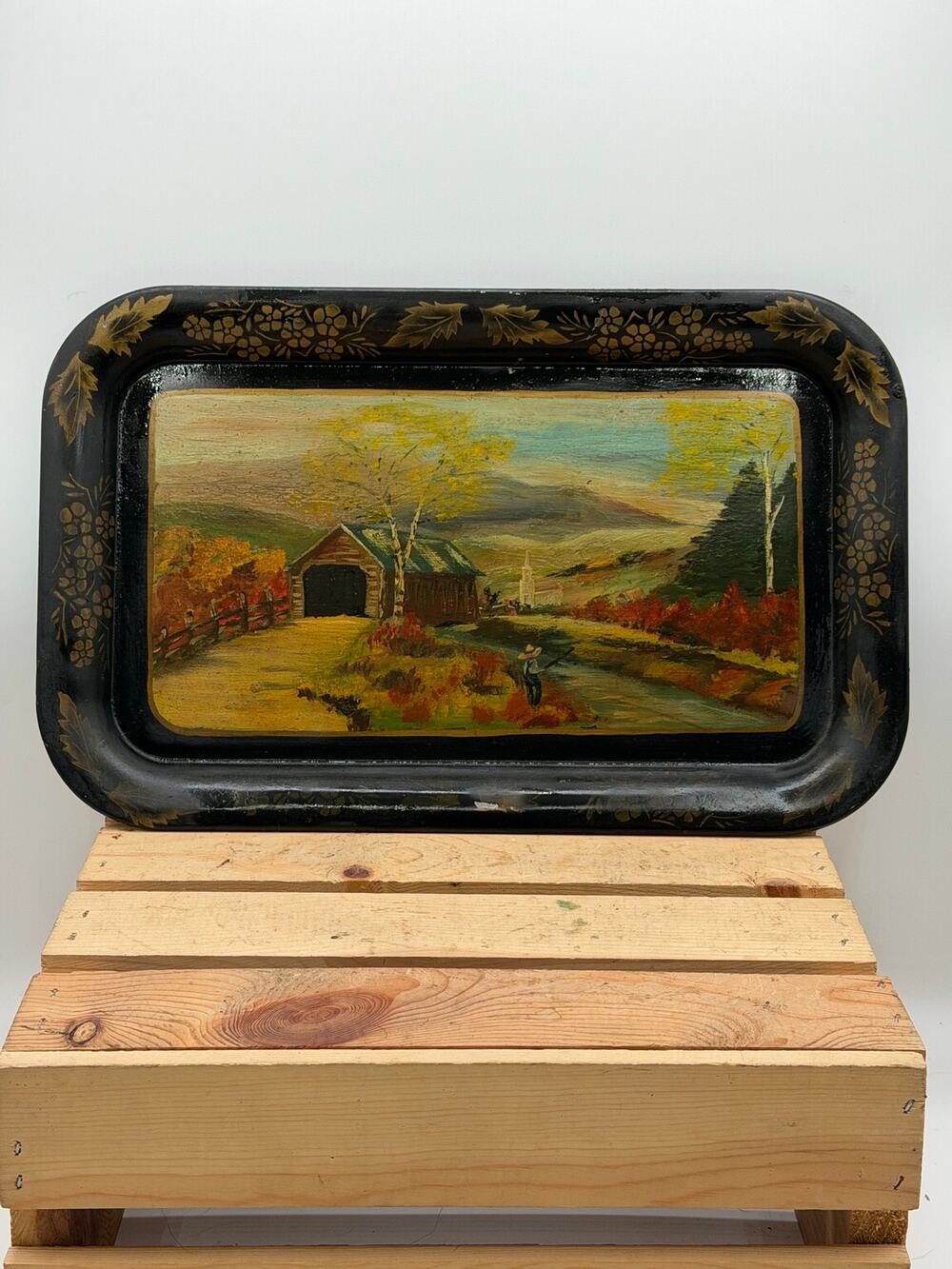 Vintage Hand Painted Metal Serving Tray-Covered Bridge -Autumn Floral Border 13"